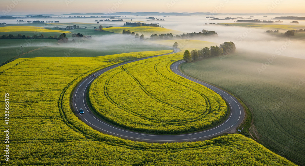 Obraz premium Spring Rapeseed Bloom with Rural Road Aerial Photography