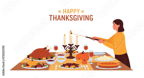 Woman lighting candles on a table set for thanksgiving dinner with a roasted turkey and pumpkin pie