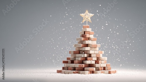 Creative Christmas tree made of bricks with a golden star on top
