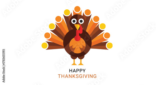 Cute cartoon turkey with fanned out tail feathers and happy thanksgiving text on a white background