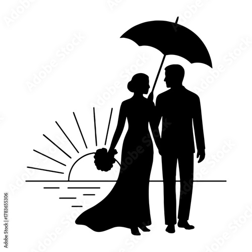 Couple facing sunset holding bouquet – together forever concept vector with transparent background 