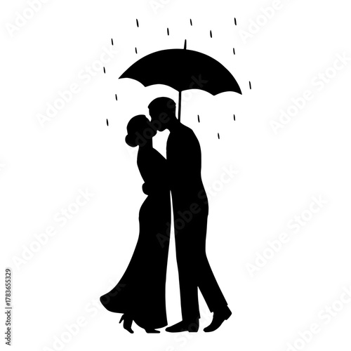 Couple kissing and romantic seen under umbrella vector with transparent background 