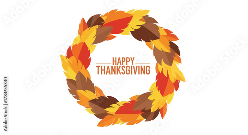 Autumnal wreath of colorful fall leaves encircles the text happy thanksgiving on a white background