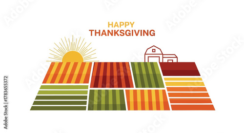 Happy thanksgiving greeting card with a stylized farm landscape featuring colorful fields a barn and a radiant sun