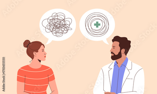 An illustration displaying a therapist and a patient engaged in a conversation, highlighting the importance of mental health discussions in therapeutic settings.