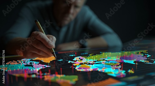 A professional analyzes global markets using digital tools on a vibrant map