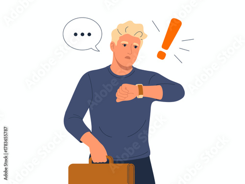 A thoughtful illustration of a man looking at his watch, signaling urgency, to convey themes of time management, pressure, and anticipation before a significant event.