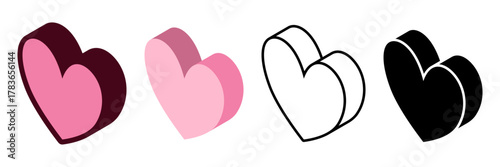 Isometric Heart Vector Set in Pink and Black Colors