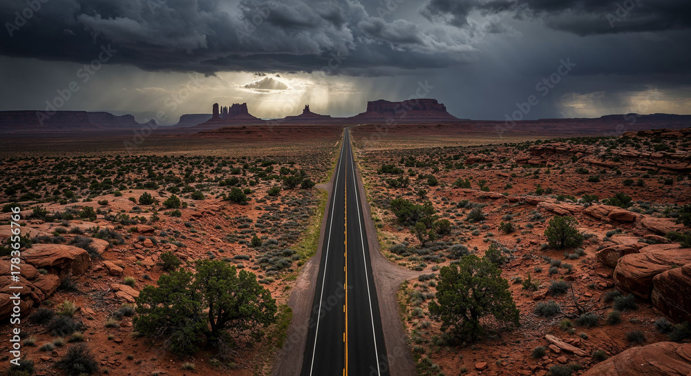 Naklejka premium Drone Photography of Canyon Road Through American Southwest Red Rocks Landscape