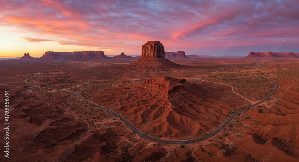 Naklejka premium Drone Photography of Canyon Road Through American Southwest Red Rocks Landscape