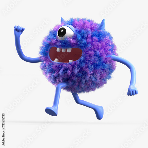 Fluffy, cute monster joyfully running, symbolizing happiness or excitement. 3D rendering, conceptual image. Isolated on white background.