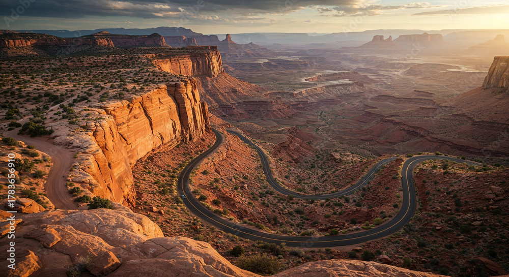 Naklejka premium Drone Photography of Canyon Road Through American Southwest Red Rocks Landscape