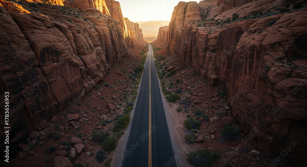 Fototapeta premium Drone Photography of Canyon Road Through American Southwest Red Rocks Landscape