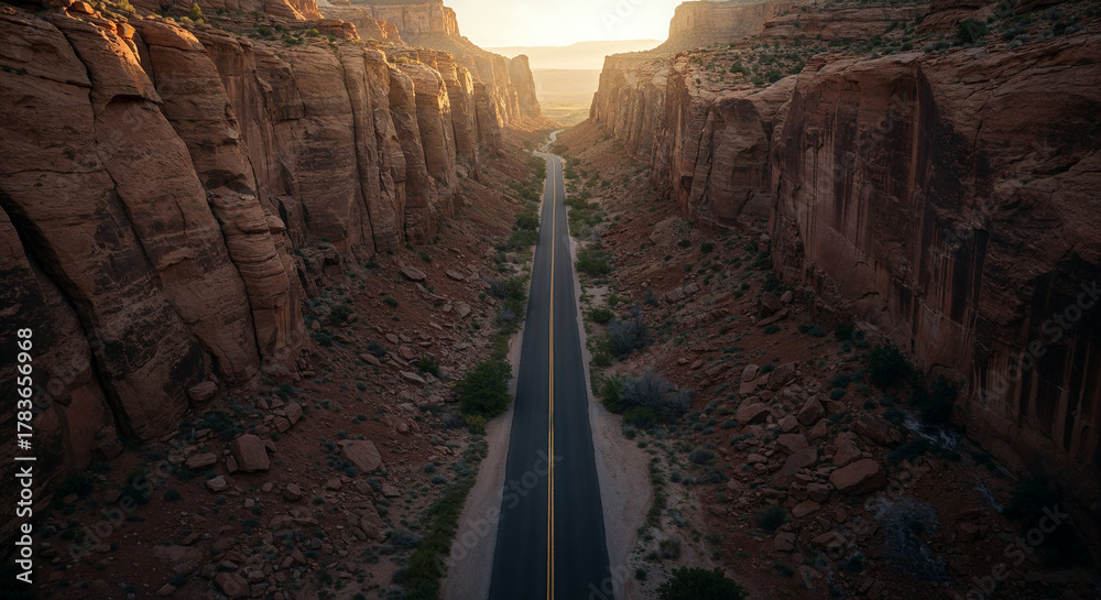 Obraz premium Drone Photography of Canyon Road Through American Southwest Red Rocks Landscape
