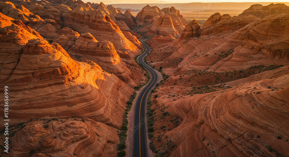 Fototapeta premium Drone Photography of Canyon Road Through American Southwest Red Rocks Landscape