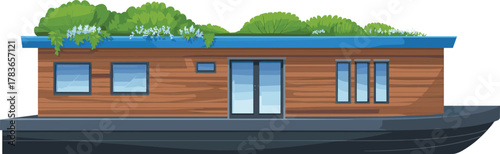 Cad drawing flat vector illustration, modern houseboat with rooftop garden, eco-friendly floating home design, waterfront architecture, sustainable living
