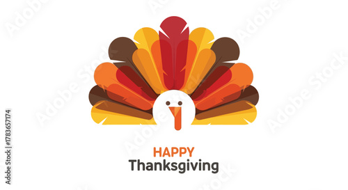 Stylized cartoon turkey with colorful fanned tail feathers and happy thanksgiving text on a white background