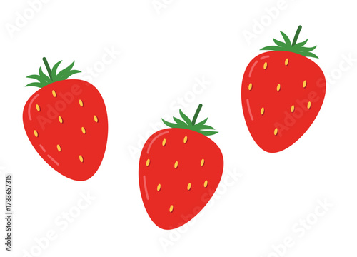 Three Bright Red Cartoon Strawberries Isolated on White. Sweet Summer Fruit Graphic Element Vector. Fresh Berry Pattern Design Clipart.