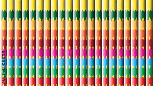 Colorful Vertical Pencil Vector with Symmetrical Arrangement and Artistic Pattern Glass Background