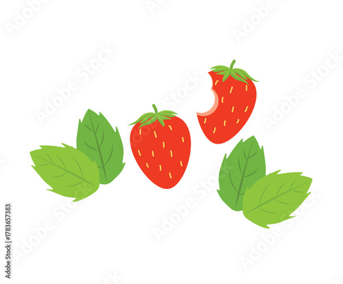Two Strawberries and Mint Leaves Icon Set. One Bitten Summer Fruit Graphic Vector. Fresh Berry with Green Leaf Clipart on White.