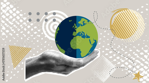 World Earth day halftone collage. Trendy vintage mixed art with halftone hands supporting earth. Concept of protection the Earth with human hands. 22 april. Vector design.	