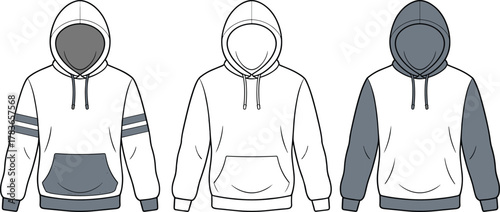 Cad drawing flat vector illustration, three hoodie styles sketch, fashion sweatshirt template, garment design layout, apparel flats.eps