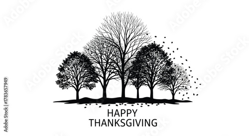 Happy thanksgiving greeting card with a silhouette of deciduous trees and falling leaves in autumn