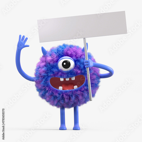 Fluffy, cute monster holds a blank sign, symbolizes information and advertising display. 3D rendering, conceptual image. Isolated on white background.
