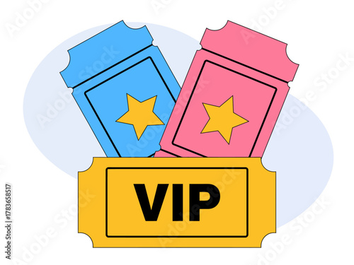 This flat design illustration depicts a pair of VIP tickets in pink and blue colors, highlighting exclusivity and access to special events and experiences.