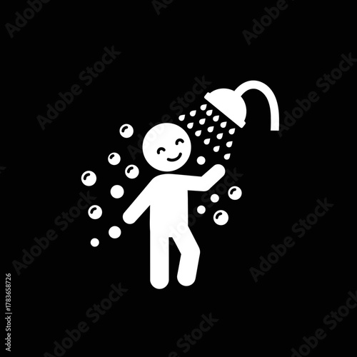 Happy Person Taking a Shower with Bubbles - Black and White Pictogram Icon