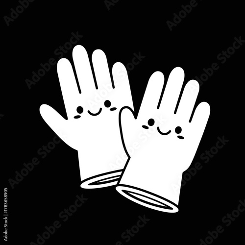 Happy Cartoon Protective Gloves Icon in Black and White Minimalist Style