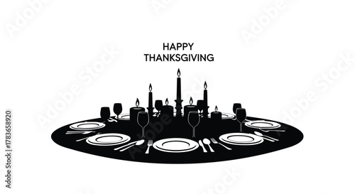Elegant black silhouette of a thanksgiving dinner table setting with candles and wine glasses ready for celebration