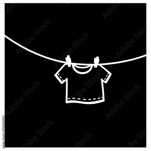 Minimalist white line doodle of a T-shirt hanging on a clothesline with clothespins against a solid black background.