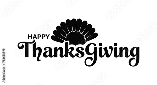 Happy thanksgiving text with a stylized black silhouette of a turkey fan tail on a white background