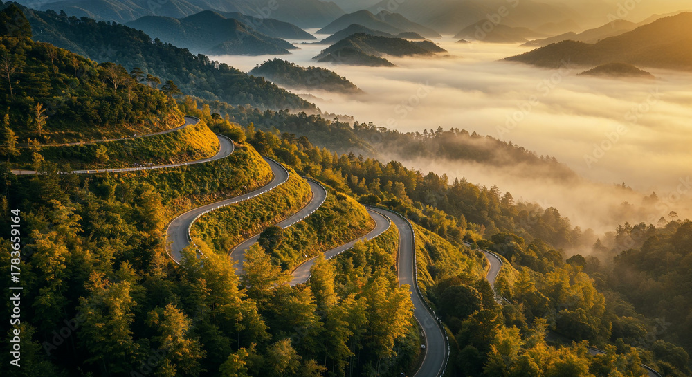 Fototapeta premium Aerial View of Misty Road Through Dense Bamboo Forest