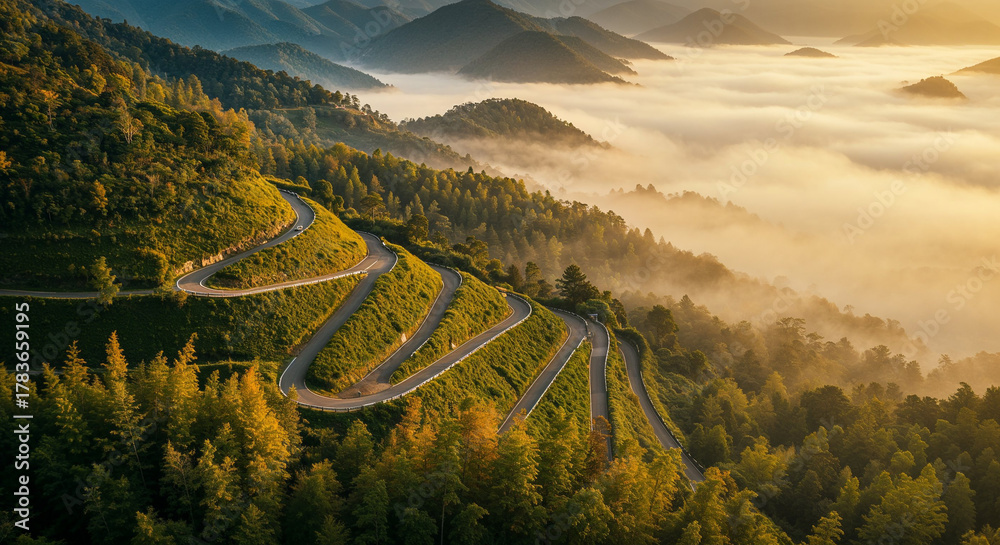Fototapeta premium Aerial View of Misty Road Through Dense Bamboo Forest