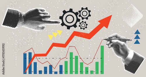 Data analytics concept. Halftone hand draws sales graph. Modern collage design. Pop art. Growth сhart. Successful business performance. Financial success. Business data graph. Achieving high results	