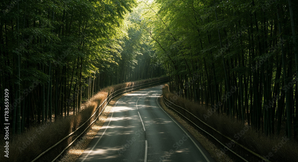 Fototapeta premium Aerial View of Misty Road Through Dense Bamboo Forest