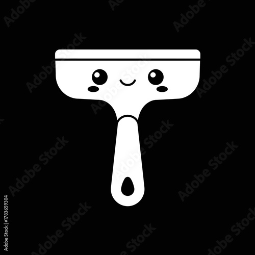 Cute Kawaii Style Squeegee or Scraper Tool Icon in Black and White Silhouette