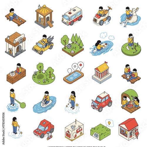 Diverse Collection of Isometric Vector Illustrations Depicting Daily Life, Transportation, Nature, and Leisure Activities.