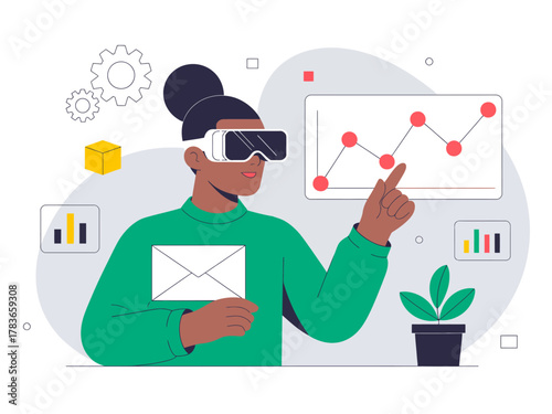 This image presents a businesswoman engaging with virtual reality technology, analyzing data visualizations, showcasing innovation and modern digital solutions in the workplace.