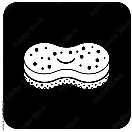 Cute Smiling Kitchen Sponge Icon, Monochrome Black and White Graphic for Cleaning and Dishwashing Products