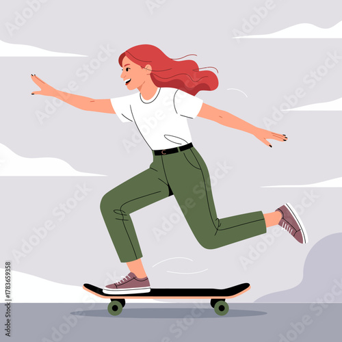 A young woman rides a skateboard with joy and confidence, highlighted by a grey urban landscape filled with motion, embodying freedom and the thrill of adventure in everyday life.