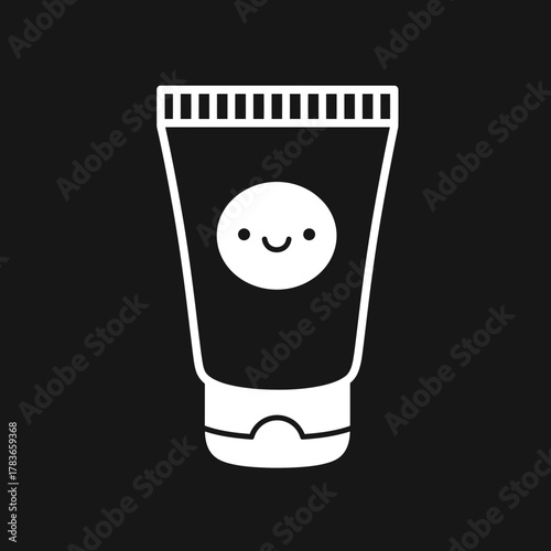 Cute cream tube icon with a smiling face on a black background