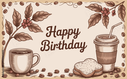 An elegantly designed birthday card featuring coffee cups and delicious treats, perfect for celebrating special moments with friends and family, showcasing joy and togetherness.