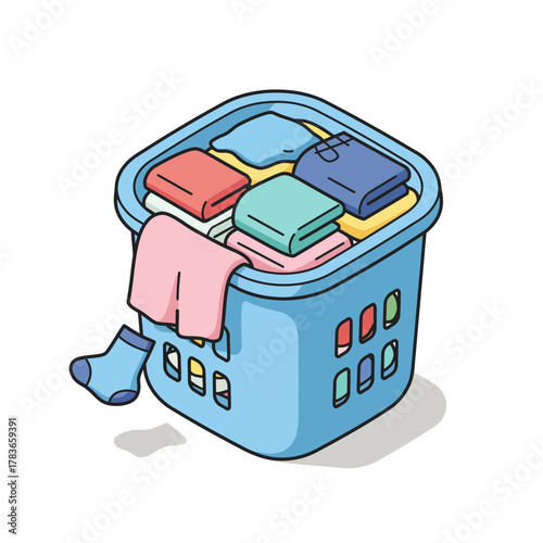 Isometric Cartoon of a Laundry Basket Full of Colorful Folded Clean Clothes with a Sock