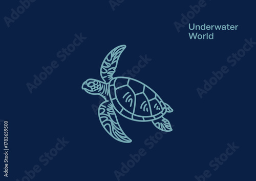 A serene illustration of a turtle with oceanic elements representing underwater life, symbolizing tranquility, conservation, and the beauty of nature in a minimalistic style.