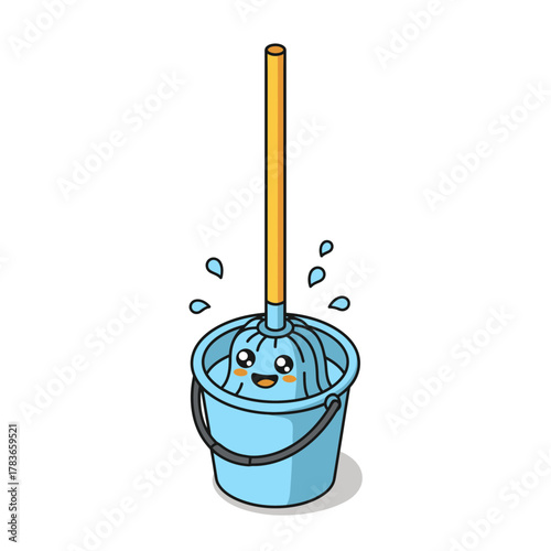 Adorable Kawaii Mop Character in a Blue Bucket Splashing Water, Cleaning Equipment Icon.