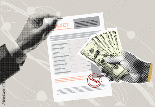 Fancy halftone collage. Tax concept, optimization strategy, optimization, reduction or refund , revenue management, planning. Analysis of tax document. Vector illustration