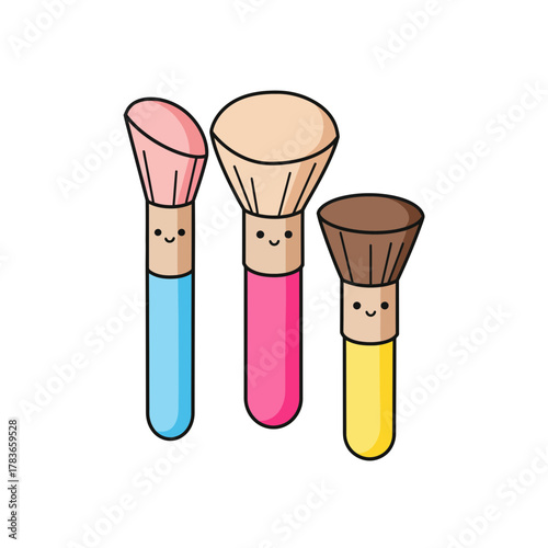 Cute Cartoon Makeup Brushes Set with Smiling Faces, Kawaii Beauty Accessories Illustration.